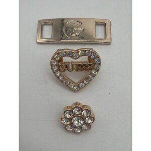 Guess Rhinestone Shoe Lace Emblems Set Of 3 Heart Flower & Rectangle Gold Tone